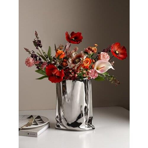 Creativity Plating Silver Ceramic Vase Nordic Modern Decorative Mirror Flower Vases Living Room Coffee Table Decoration Ornament