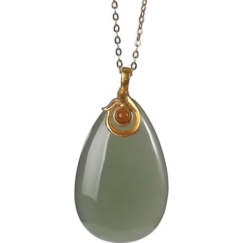 Pure gold pendant natural Hetian gray jade pendant personality minimalist elegant drop-shaped womens pure gold pendant