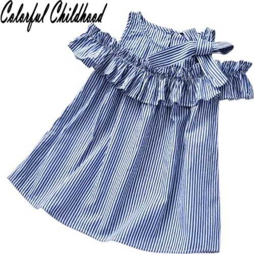 Summer New Version Off-the-shoulder Princess Dress Baby Girls Blue Stripes Vest dress Bebe Vestidos Infant Dress Kids Clothes