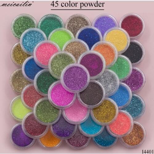 Meicailin 45 pcs/Set Sugar Acrylic Nail Glitter Powder Pigment Chrome Shining Holo Nailart Glitter Dust Mermaid Fine Powders