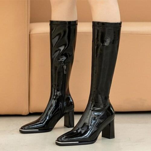 Knee High Square Toe Fashion Leather Boots Womens Chunky High Heel Short Booties Zipper Stretch Calf Shoes Boots