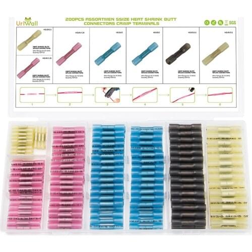 200Pcs Thicken Heat Shrink Butt Terminal Set Insulated Electrical Wire Splice Cable Shrinkable Tube Crimp Connectors 5 Sizes Kit