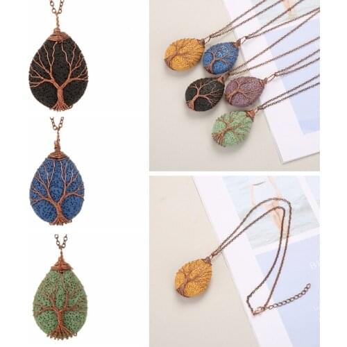 Natural Stone Tree of Life Pendant Lava Stone Rose Gold Color Wrapped Drop Shaped Healing Stones Pendants Quartz Druzy Necklace