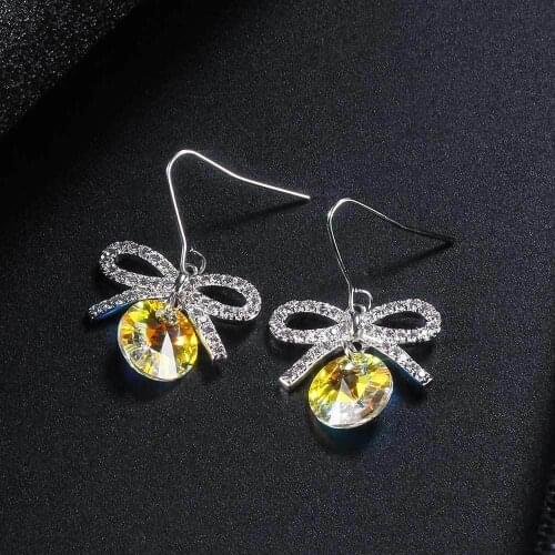 Charming Yellow Zircon Dangle Earrings Cute Female Crystal Bowknot Drop Earrings Dainty Silver Color Wedding Earrings For Women
