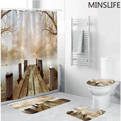 Autumn Wooden Bridge Shower Curtain Sets Non-Slip Rugs Waterproof Shower Curtain Toilet Cover Mat Non Slip Rugs Home Decor