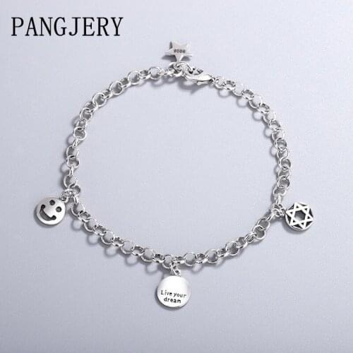 PANGJERY 925 Sterling Silver Smiley Face Stars Bracelets for Women INS Fashion Printing Letter Geometric Engagement Jewelry Gift