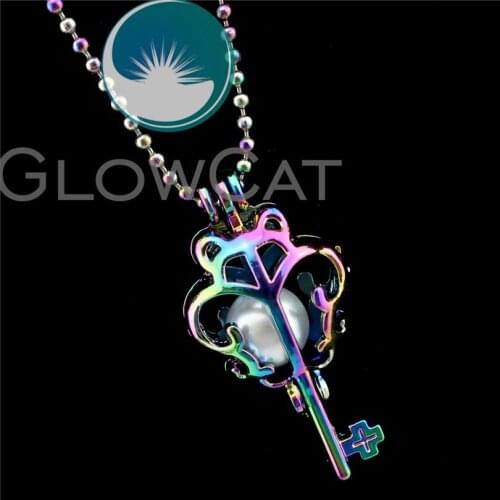 R-C54 Rainbow Colors Bear Key Beads Cage Pendant Perfume Diffuser Aromatherapy Oyster Pearl Cage Locket Necklace