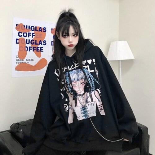 Hooded Sweatshirts Women Plus Velvet Korean Fashion Chain Anime Print BF Loose Thick Dark Gothic Style Harajuku Tops Y2k Kawaii