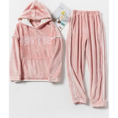 Women Winter Flannel Pajamas Oversized Hooded Casual Homewear Female Coral Velvet Thick Warm Sleepwear Mens Loose Pajama Sets