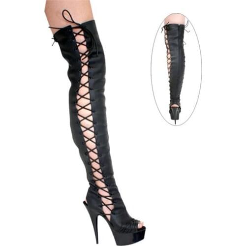 PU female boots in knee boots, upper and slender sexy high heels black tie, dancing shoes 15cm