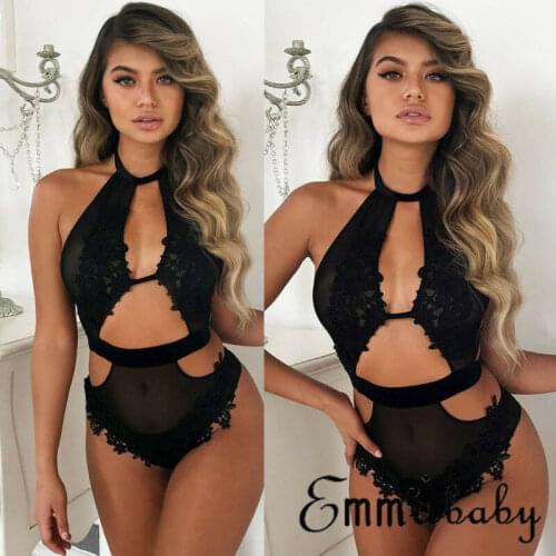 Womens Sexy Bodysuits Solid Color Sleeveless Hollow Out Lace Floral Printed Halter Lingerie G-String Thong Underwear Nightwear