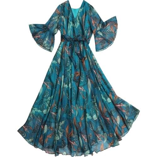 2021 Spring/Summer New Chiffon Dress Large Size Loose popular Vintage V-Neck Dress Women Flared Sleeves Big Swing Dress s673