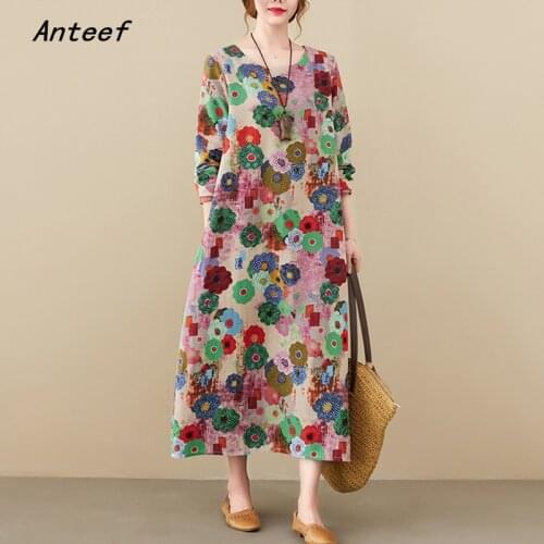 Anteef long sleeve cotton linen vintage floral dresses for women casual loose spring autumn dress elegant clothes 2021