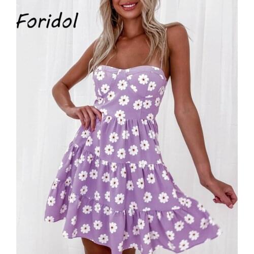 Floral Print Purple Summer Beach Dress Women Spaghetti Strap Backless A-line Short Mini Vintage Dress Flower Holiday 2021