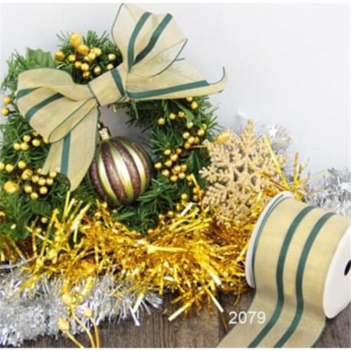 N2079 63mm 2.5" Gold and green stripes gift packaging wired edge ribbon 25yards roll