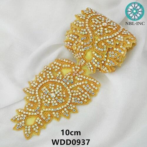 10 yards )Bridal beaded gold AB crystal Rhinestone Applique Trim iron on for wedding dress rhinestone applique belt WDD0937