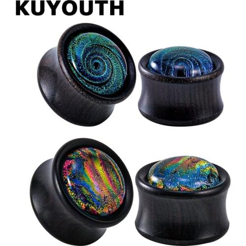 KUYOUTH New Wood Ebony Foil Blue Galaxy Glass Ear Plugs Gauges Body Piercing Jewelry Earring Tunnels Expanders Stretchers 2PCS