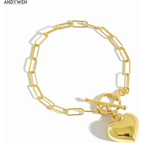 ANDYWEN New 925 Sterling Silver Gold Heart Big large Horoscope Chain Bracelet 100% 2020 Rock Punk Jewelry Fashion Jewels Party