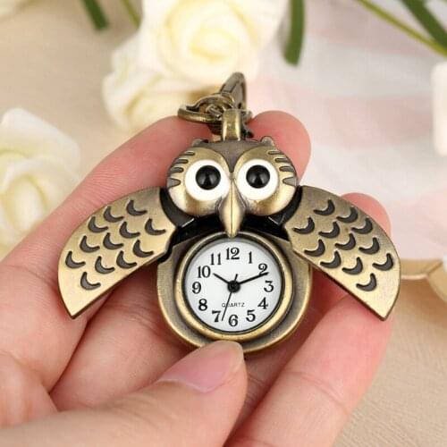 Bronze Little Small Cute Owl Keychains Pocket Watch Fob Chain Key Chains Flip Case Hour Clock Best Watch for Men Women Children