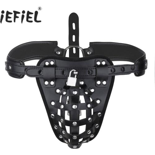 IEFiEL Sexy Gay Mens Open Butt Pentis Lingerie PU Leather Sissy Pouch Man Jockstraps G-string Underwear Underpants with Locks
