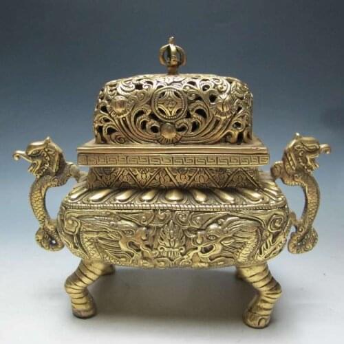 Exquisite Chinese Old-style Brass Six Dragon Statue Auspicious Incense Burner