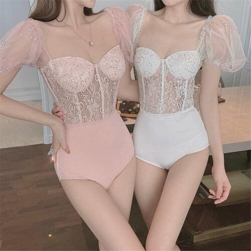Lace Short Sleeve One Piece Swimsuit Women Embroidery Floral Swimwear Bandeau Monokini Lace Up Korea Bathing Suit Push Up Pad