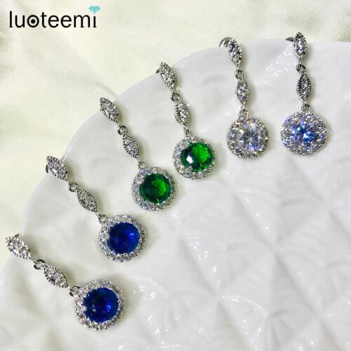 LUOTEEMI Blue Crystal Jewelry Wholesale Earrings Top Fashion Zircon White Gold-Color Long Dangle Bridal Wedding Earrings Stud