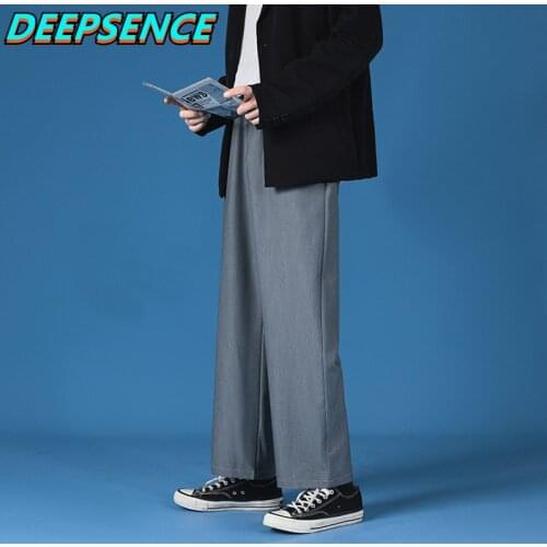 Men Spring And Autumn Polyester Casual Youthful Vitalty Mid Wide Leg Pants Men Loose Fit Korean Style Drawstring Pants Men