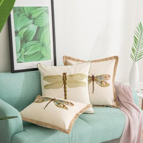 Cotton and Linen Embroidered Pillow Cover Dragonfly DecorSofa Cushion Cover American Style Living Room Decoration