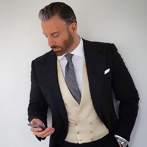 2020 Latest Coat Pant Designs Black Beige Tweed Men Suit Slim Fit 2 Piece Tuxedo Custom Style Suits Groom Prom Blazer Masculino
