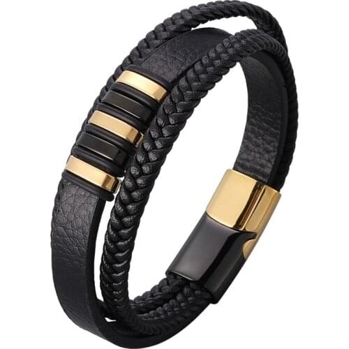 New Multilayers Leather Bracelet Men Gold & Black Unique Stainless Steel Magnetic Buckle Handmade Bangles Vintage Jewelry PD1027