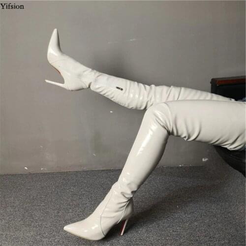 Olomm New Women Thigh High Boots Sexy Stiletto High Heels Boots Nice Pointed Toe Gorgeous Beige Shoes Women Plus US Size 5-15