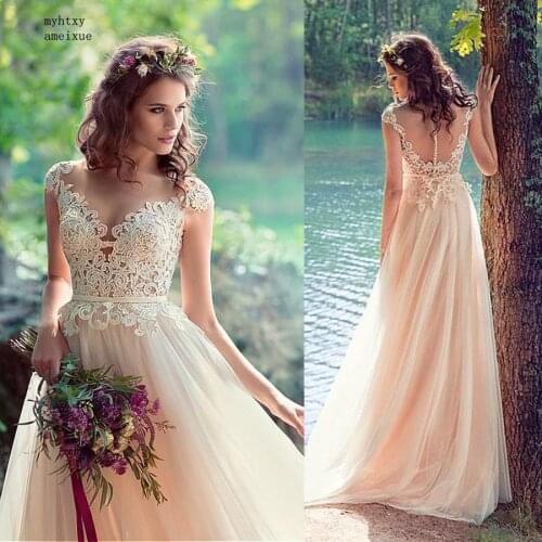 Tulle V-neck Neckline A-line Beach Sexy Cheap Wedding Dresse 2020 Lace Appliques Nude Bridal Gowns Vestido De Noiva Simple Party