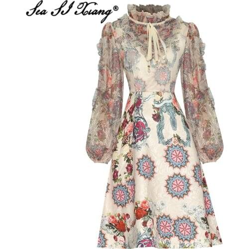 Seasixiang Fashion Designer Autumn Dress Women Stand collar Lantern Sleeve Ruffles Flower Print Vintage Dresses