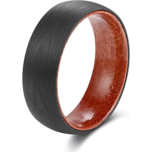 POYA 8 mm Black Carbon Fiber Ring for Men with Rosewood Liner Inside Comfort Fit