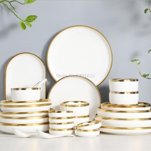Gilt Rim White Porcelain Dinner Plate Set Kitchen Plate Ceramic Tableware Food Dishes Rice Salad Noodles Bowl Mug Cutlery Set