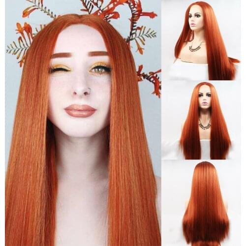 Long Yaki Straight 350# Ginger Colored Lace Front Synthetic Hair Wig Pre Plucked Orange Copper Red Lace Frontal Wigs For Women