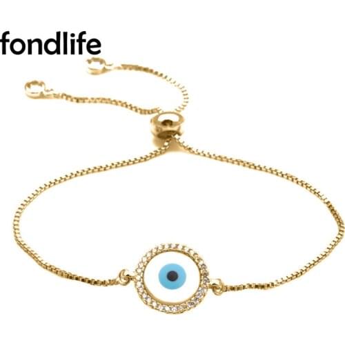 AAA White Cubic Zirconia Crystal Round Shell Evil Eye Luck Charm Adjustable Bracelet Women Girl Elegant Copper CZ Jewelry Gift