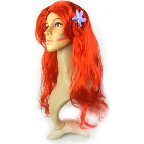 Mermaid Cosplay Wigs Red 60cm Long Curly Hair with Star Clip Little Mermaid Princess Ariel Heat Resistant Party Halloween Wig
