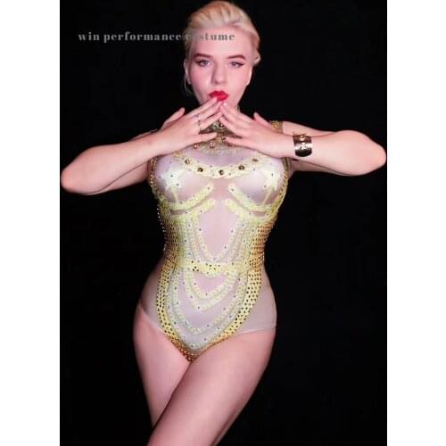 Sexy stage gold rhinstone bodysuit birthday celebrate outfit bar club singer dancer stage big stone costume
