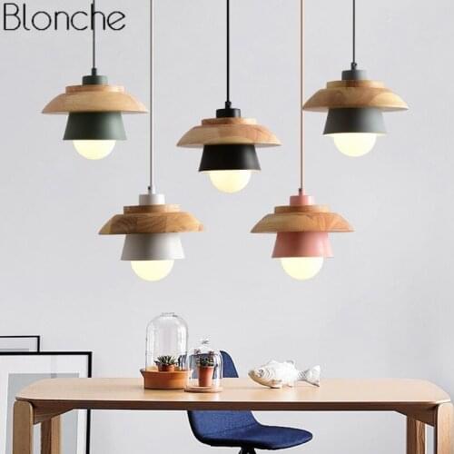 Nordic Iron Wood Pendant Light Modern Colorful Led Hanging Lamp for Bedroom Kitchen Loft Industrial Home Decor Luminaire Fixture
