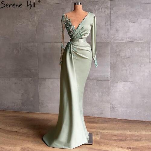 Serene Hill Mint Mermaid Satin Evening Dresses 2021 Beading Elegant Party Gowns For Women DLA71092