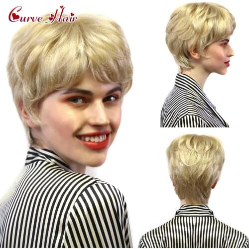 Womens Wig Fashion Blonde Female Short Wig With Bangs Synthetic Hair None Lace Front Hand Tied On Top Natural Look Lady Wigs