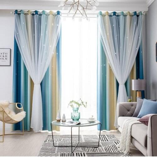 1pcs Princess Wind Simple Modern Shading Finished Curtains Living Room Bedroom Bay Window Hollow Star Floor Curtain Top F8319