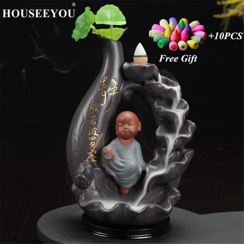 10Pcs Incense Cones + Monk Backflow Incense Burner Ceramic Aromatherapy Censer Aromatic Home Office Incense Crafts Tower Holder
