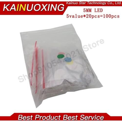 100pcs=5value x 20pcs F5 5MM Round LED Light Assorted Kit DIY LEDs Set White Yellow Red Green Blue