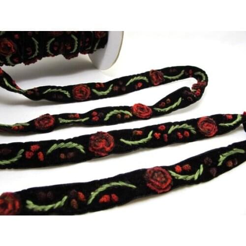 5/8 Inches Red Ombre Yarn Flowers Embroidered on Black Velvet Ribbon|Sewing|Quilting|Craft Supplies|Hair Accessories