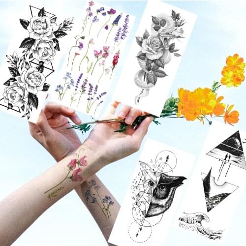 Watercolor Lavender Temporary Tattoos Realistic Fake Owl Planets Snake Tattoos DIY For Women Men Body Art Hands Geometric Tattoo