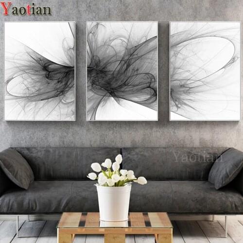 Diamond Painting Nordic Style Flowing Smoke 5D Diamonds Embroidery Triptych Painting Rhinestone round Drill Black and white Art