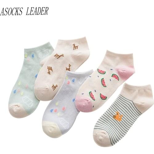 ASOCK LEADER 2018 New spring and summer 100% cotton fashion Fruit Animals Cute Women Socks Short Boat Girls Socks 5 Pairs / Lot